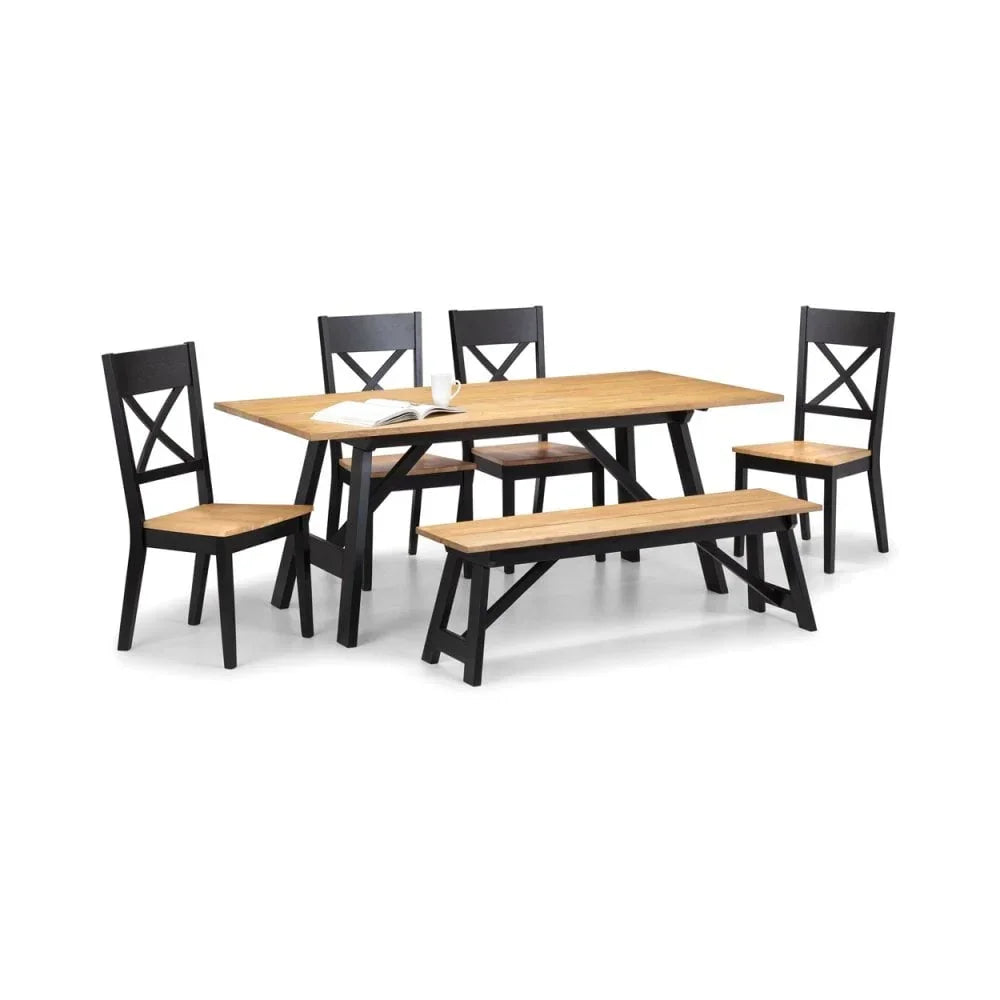 Oak dining table set with four matching chairs and bench, black frames, staged on white background