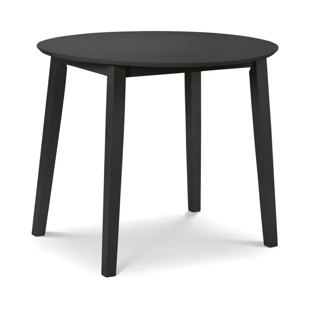 Black round dining table with four straight legs, shown on white background