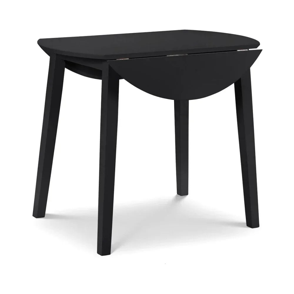 Black wooden drop-leaf dining table with four legs on white background