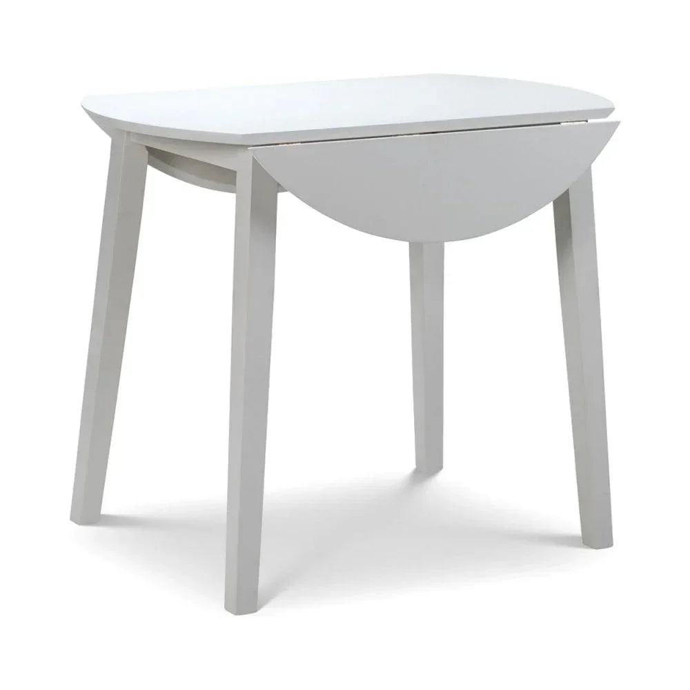 White wooden drop leaf dining table with four legs and folding side panel