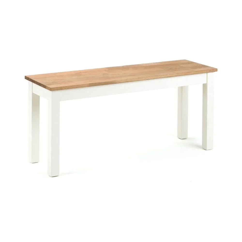Modern dining bench with natural wood seat and white legs on white background