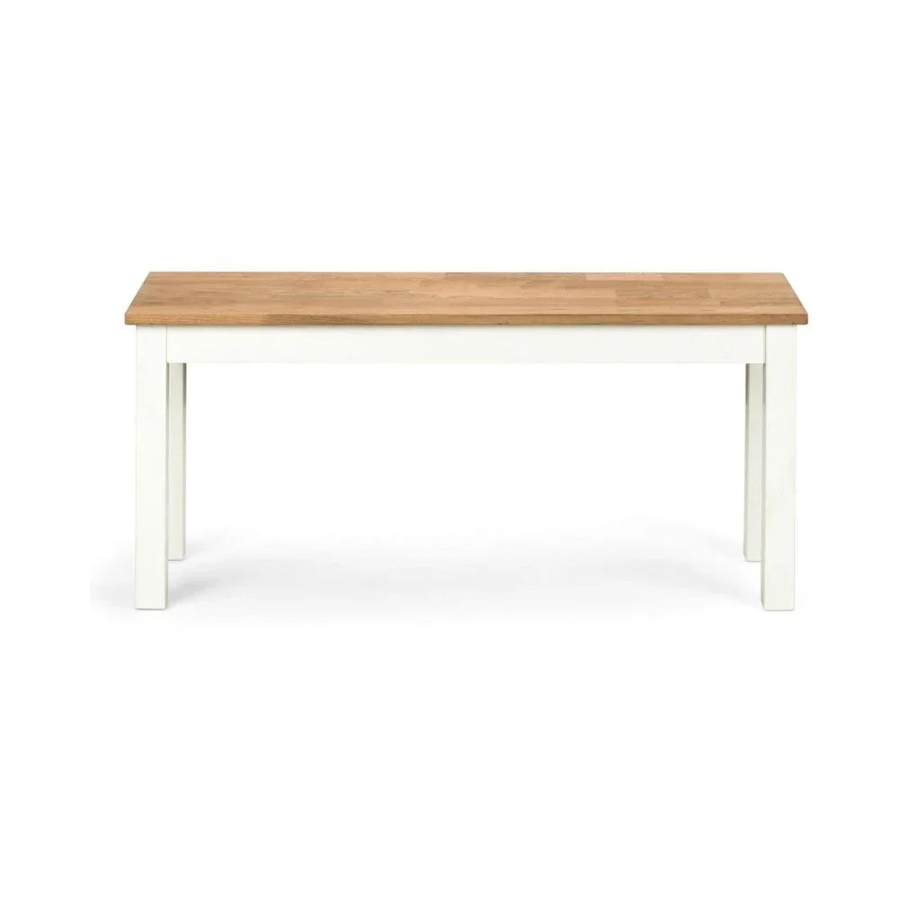 Rectangular dining table with natural oak top and white wooden legs, front view