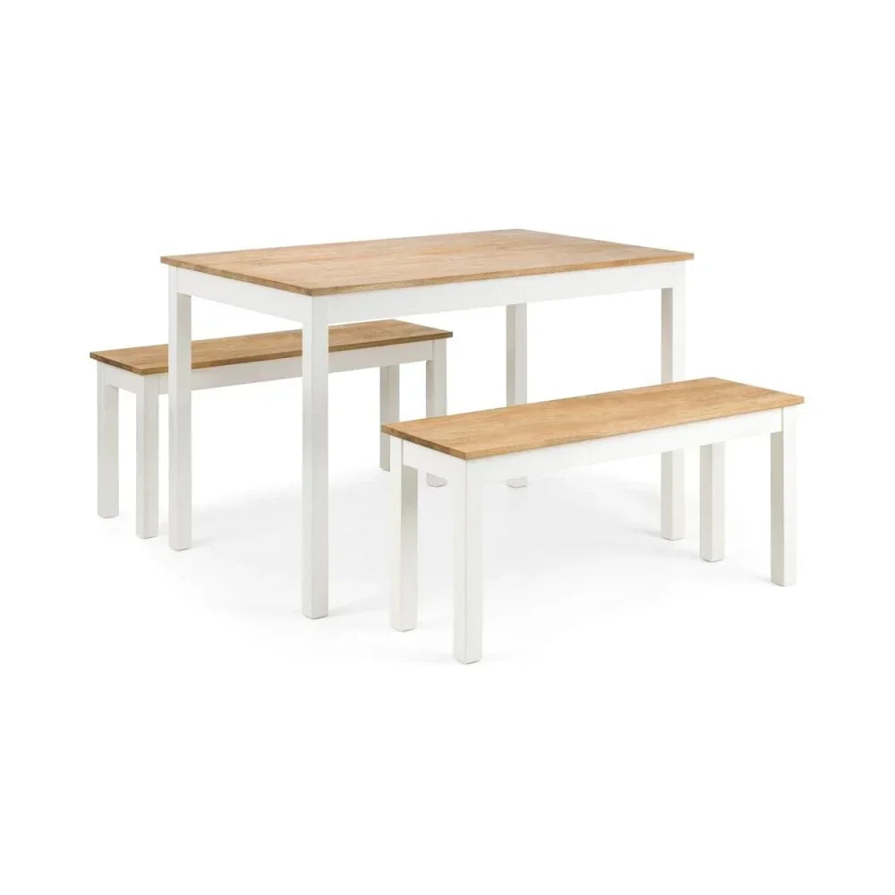 Wood dining table set with two benches, white legs and natural oak finish tops