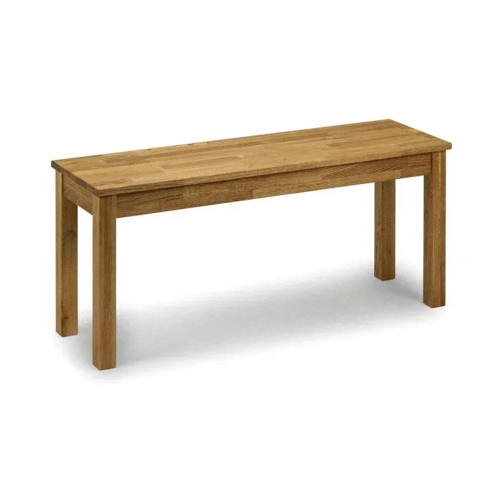 Rectangular solid wood bench with natural oak finish and straight legs, front side view