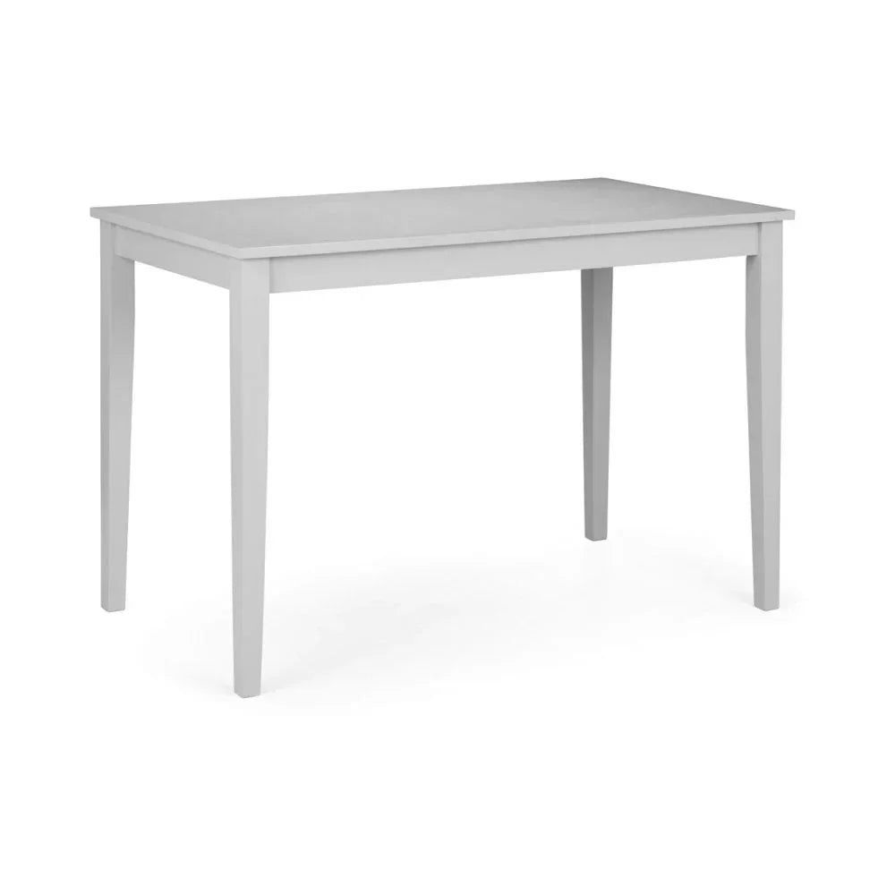 Rectangular grey dining table with tapered legs on white background