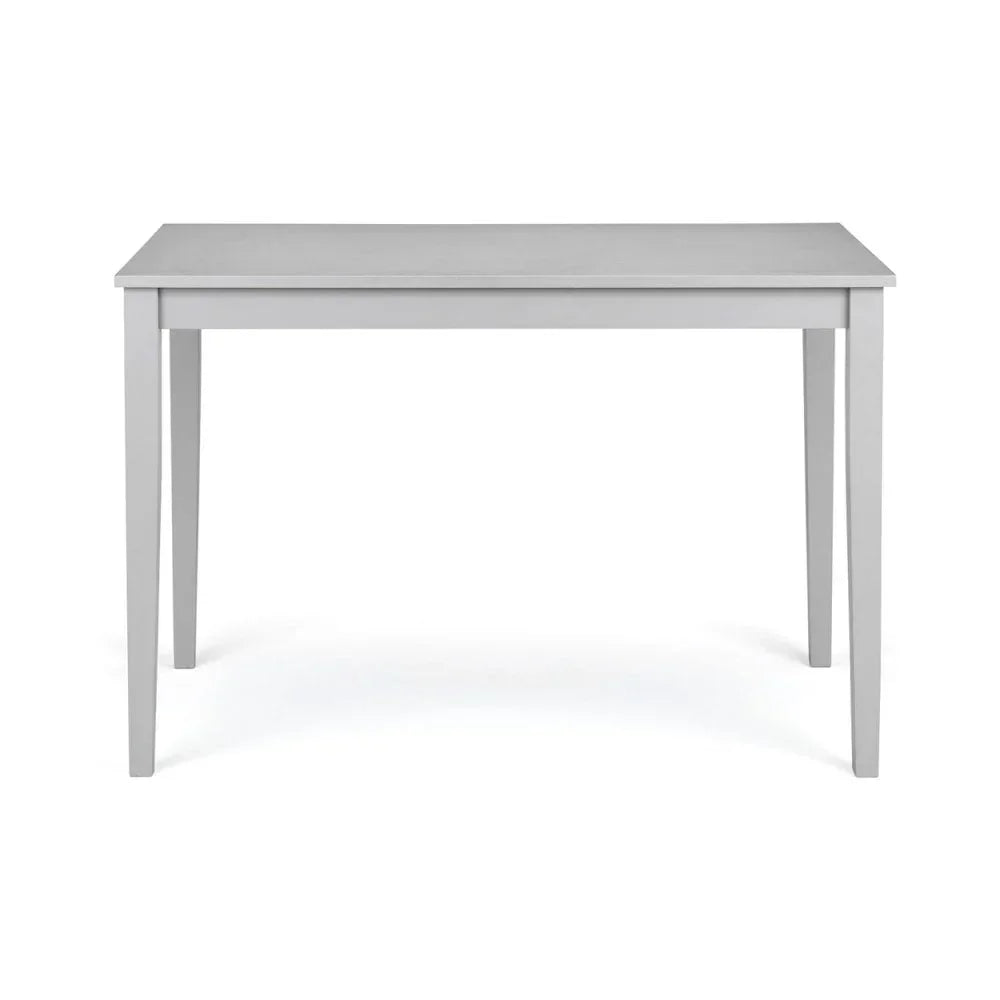 Rectangular grey dining table with straight legs and smooth finish, front view