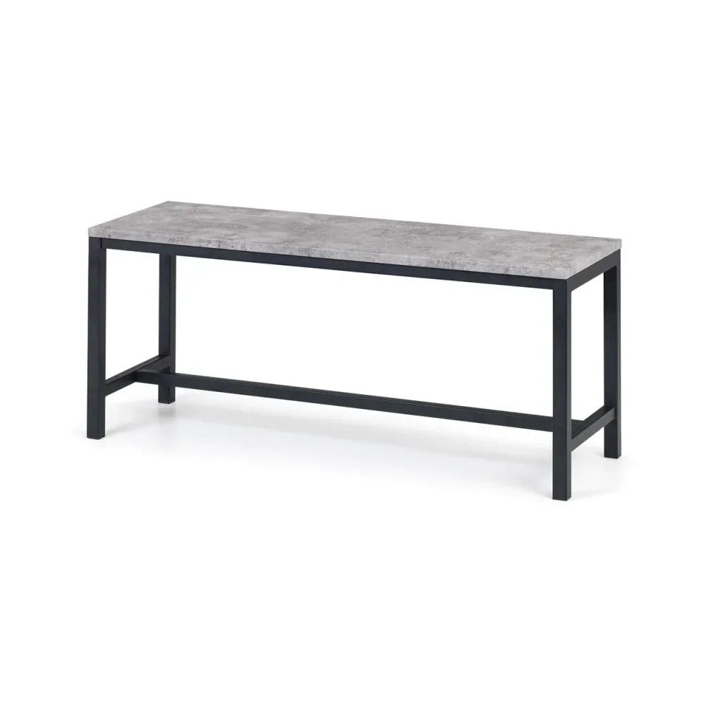 industrial bench with grey faux concrete top and black metal frame