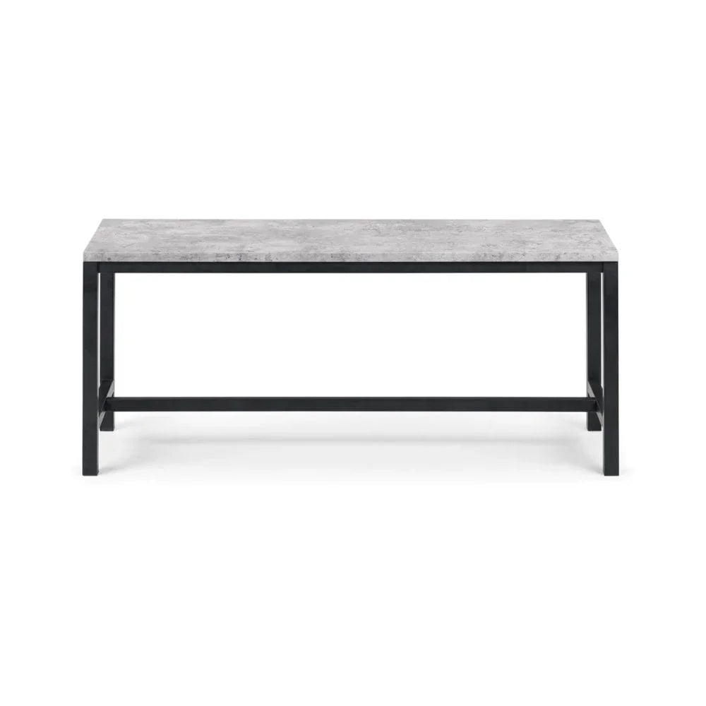 Rectangular dining table with grey stone-effect top and black metal frame, front view