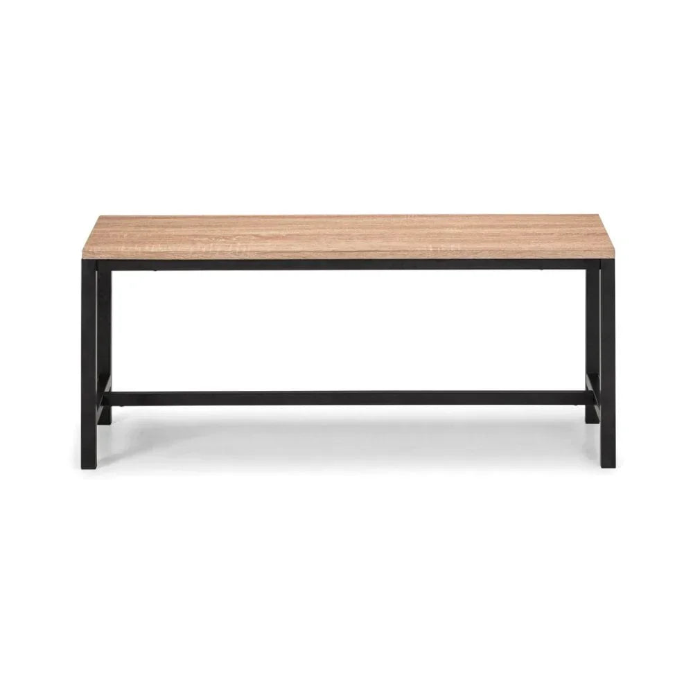 Oak dining bench with black metal frame, rectangular shape, front view