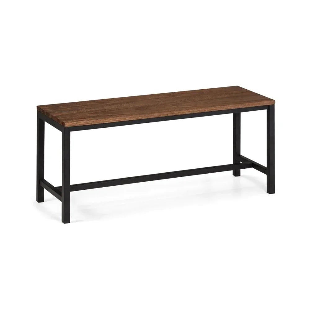 Industrial dining bench with dark wood top and black metal frame on white background