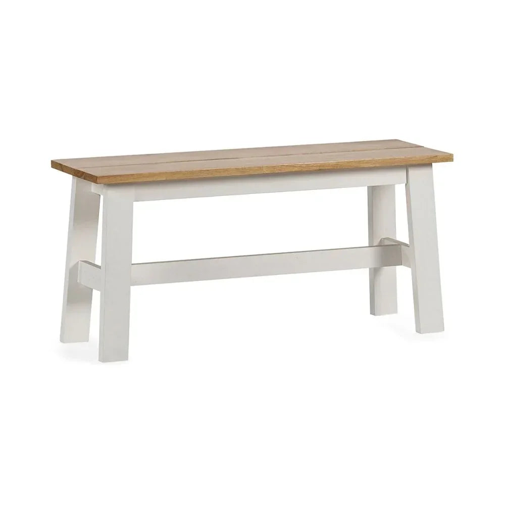 Wooden dining bench with light oak seat and white painted frame