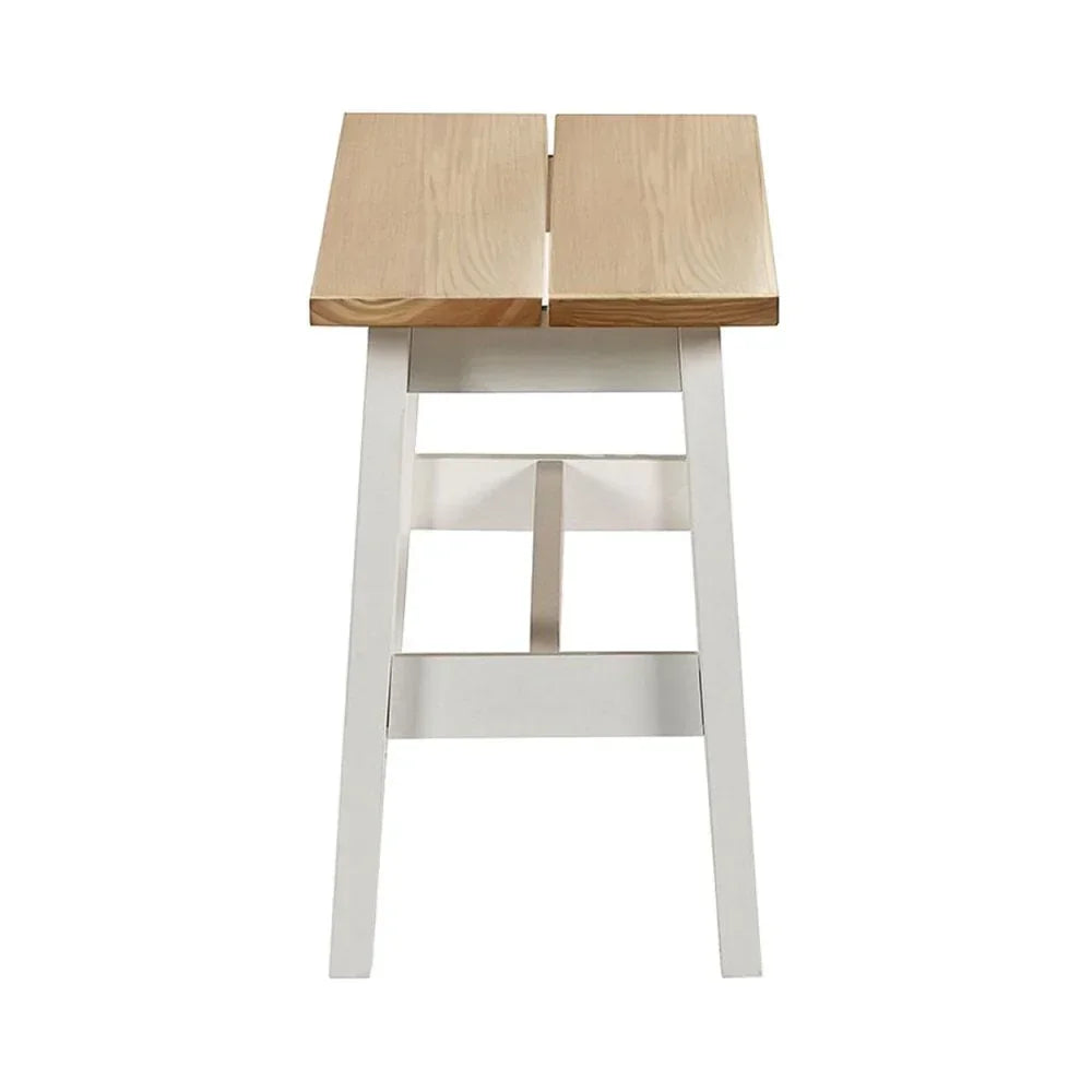 White wooden stool with natural wood seat, straight legs and crossbar support, front view