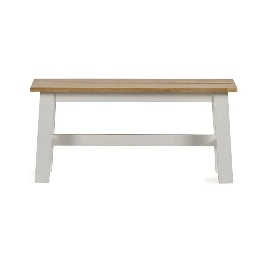 Wooden dining bench with oak top and white legs, front view