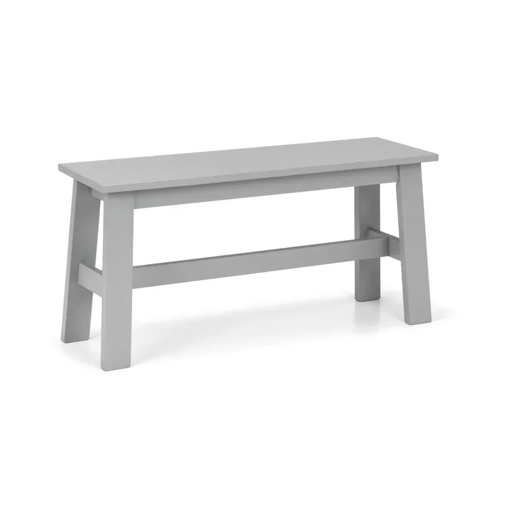 Light grey wooden dining bench with straight legs and support bar, angled side view