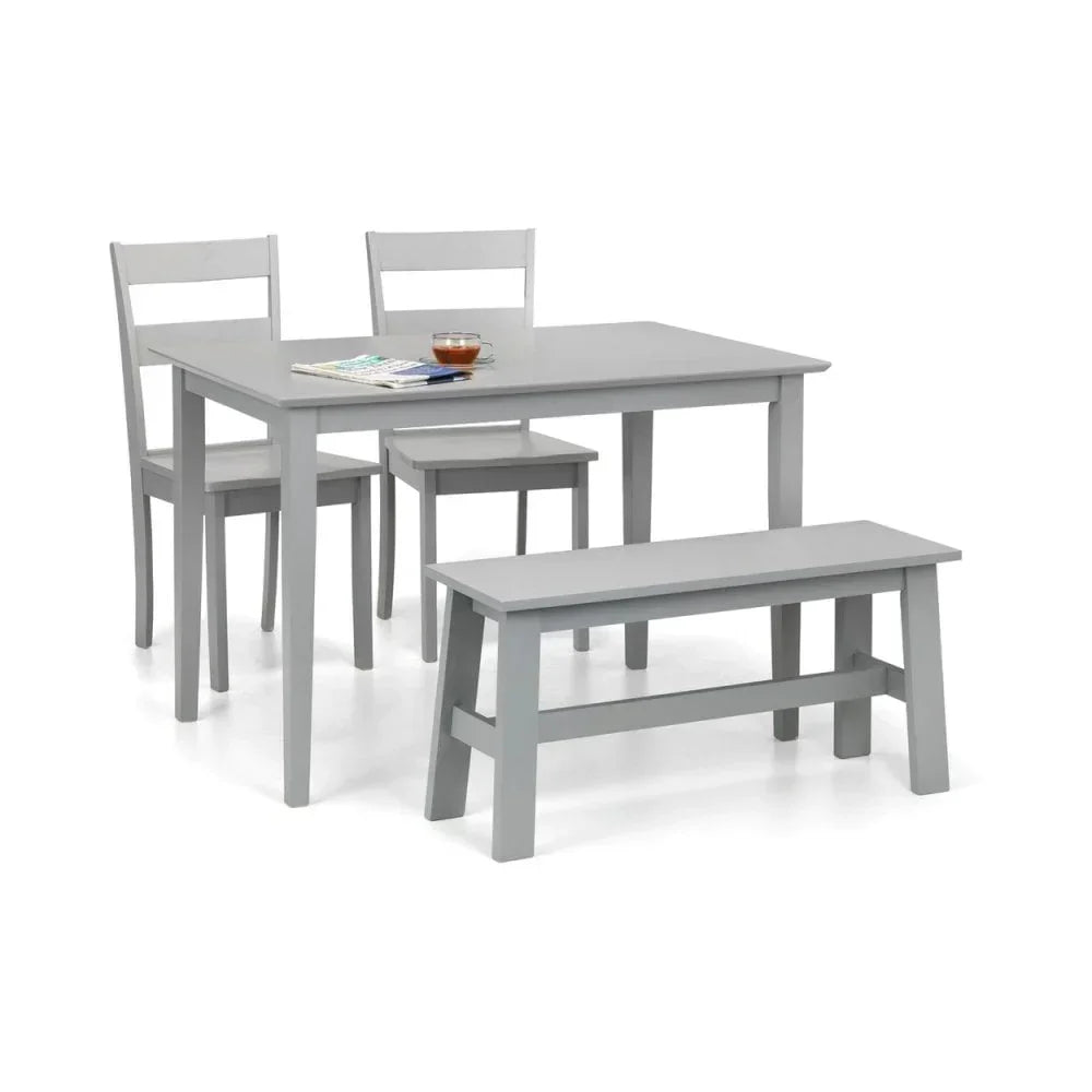 Light grey wooden dining table set with two chairs and bench on white background