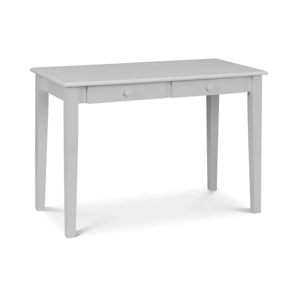 Grey wooden desk with two drawers and tapered legs on a white background