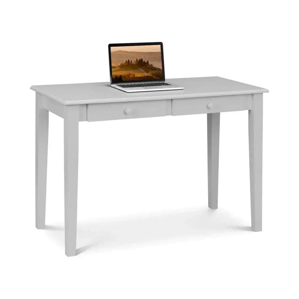 Light grey wooden desk with two drawers and open laptop on top