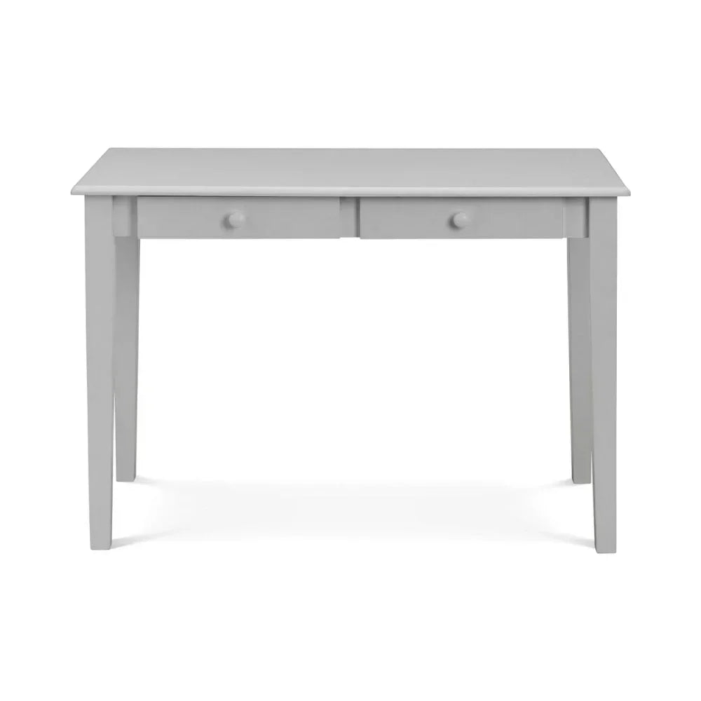 Grey wooden desk with two front drawers and round handles, straight legs, front view
