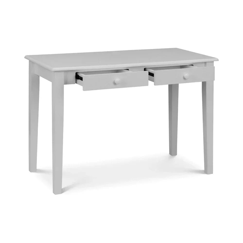 White wooden desk with two open drawers and tapered legs on white background