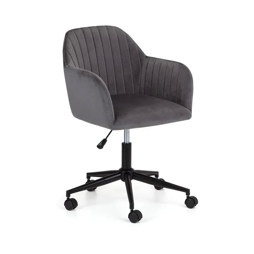 Grey velvet office chair with armrests and black swivel base on castor wheels