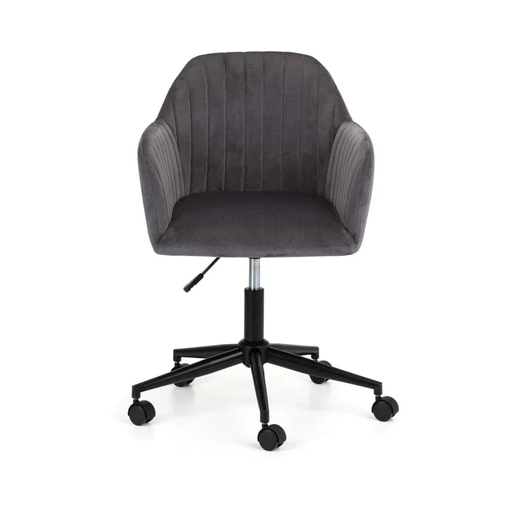 Grey velvet office chair with padded arms and black swivel base on castor wheels