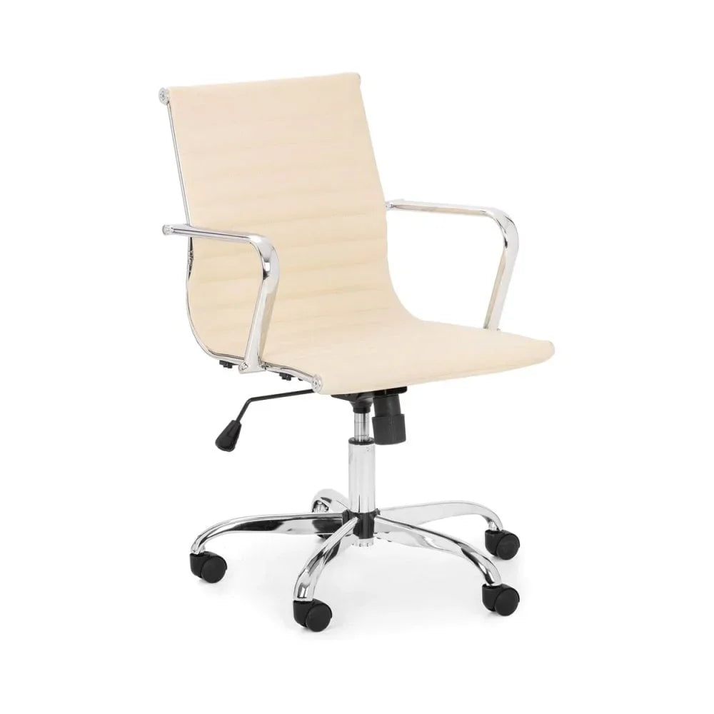 Beige office chair with chrome arms and base, height adjustable, on wheels