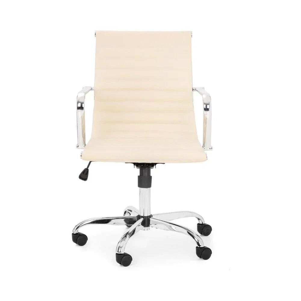 Beige office chair with chrome arms and base on castor wheels, front view
