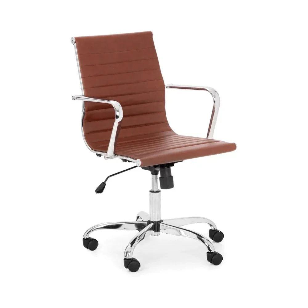 Brown leather office chair with chrome armrests and base on castor wheels