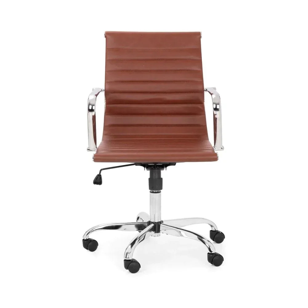 Brown leather office chair with chrome arms and swivel base on castor wheels