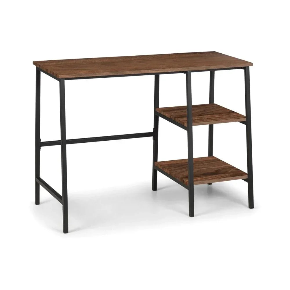 Industrial style desk with walnut wood top, black metal frame and two open storage shelves
