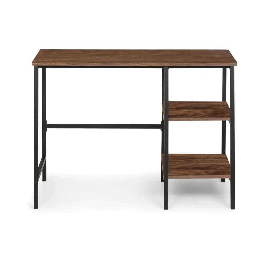 Wooden computer desk with black metal frame and two side shelves