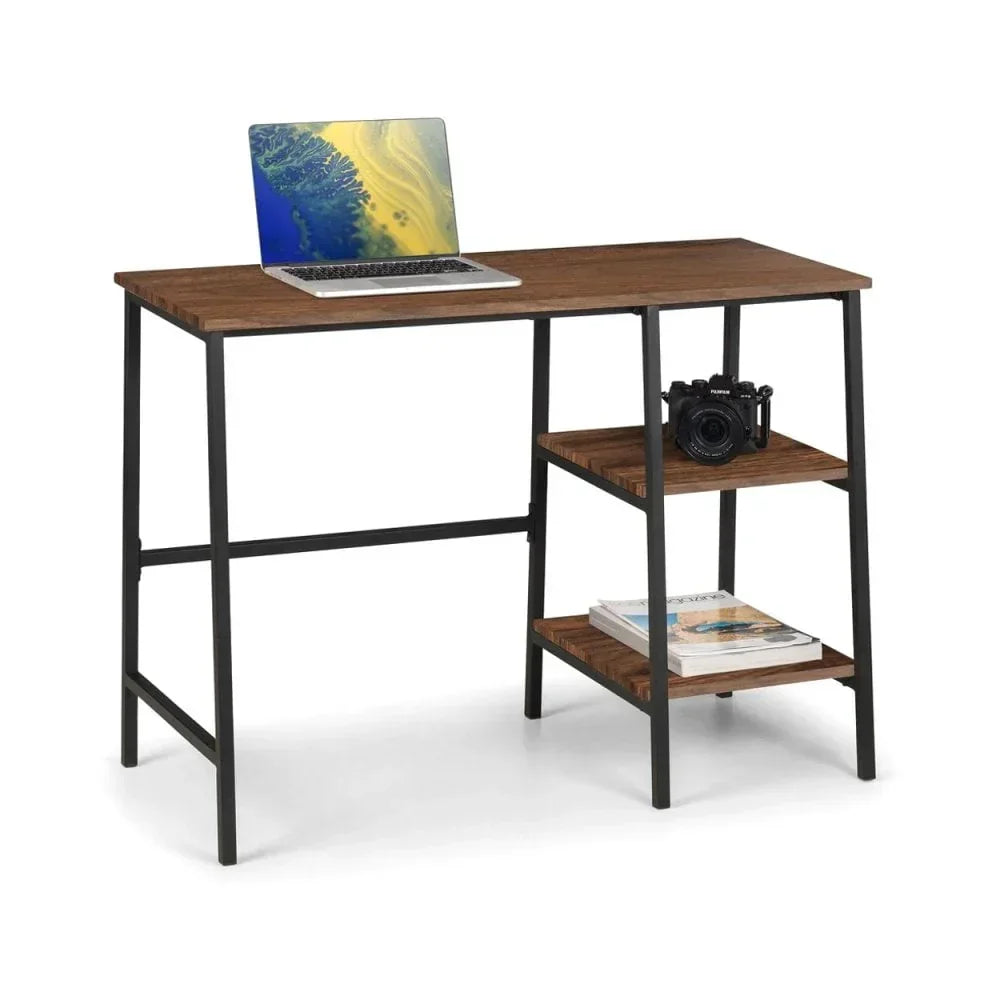 Industrial style wooden office desk with metal frame and two side storage shelves