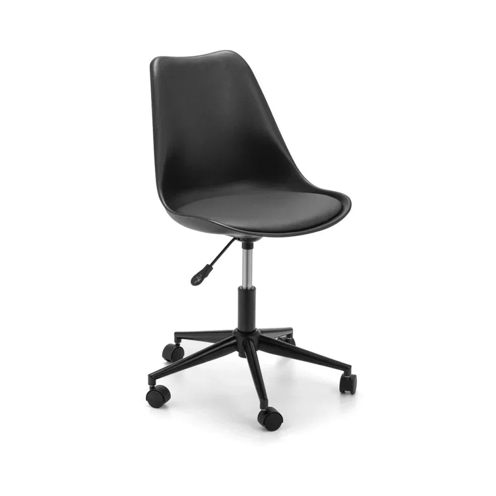 Black office chair with curved seat, adjustable height and five-wheel base
