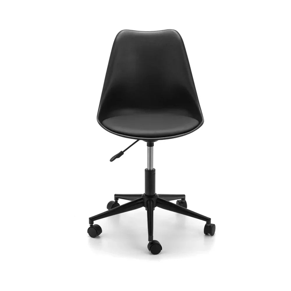 Black office chair with plastic seat and adjustable height on wheeled base