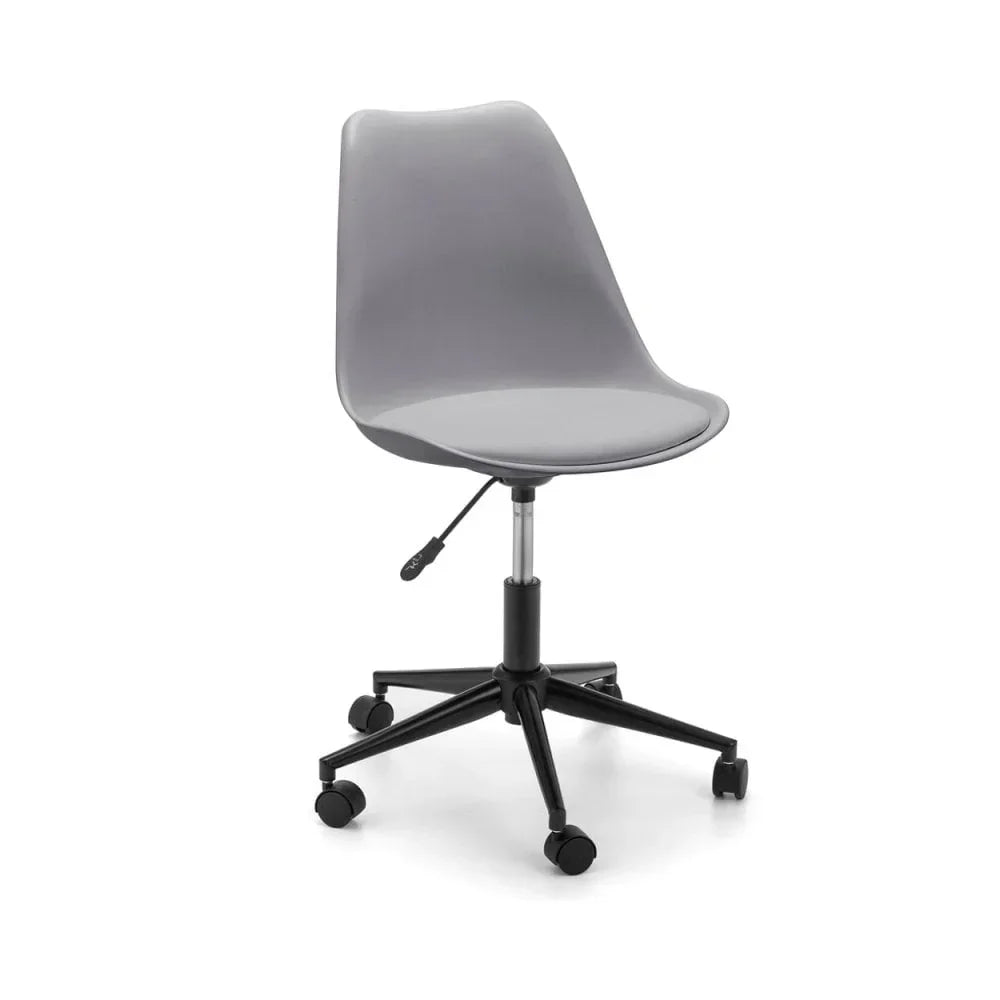 Grey office chair with molded plastic seat, adjustable height, black wheeled base