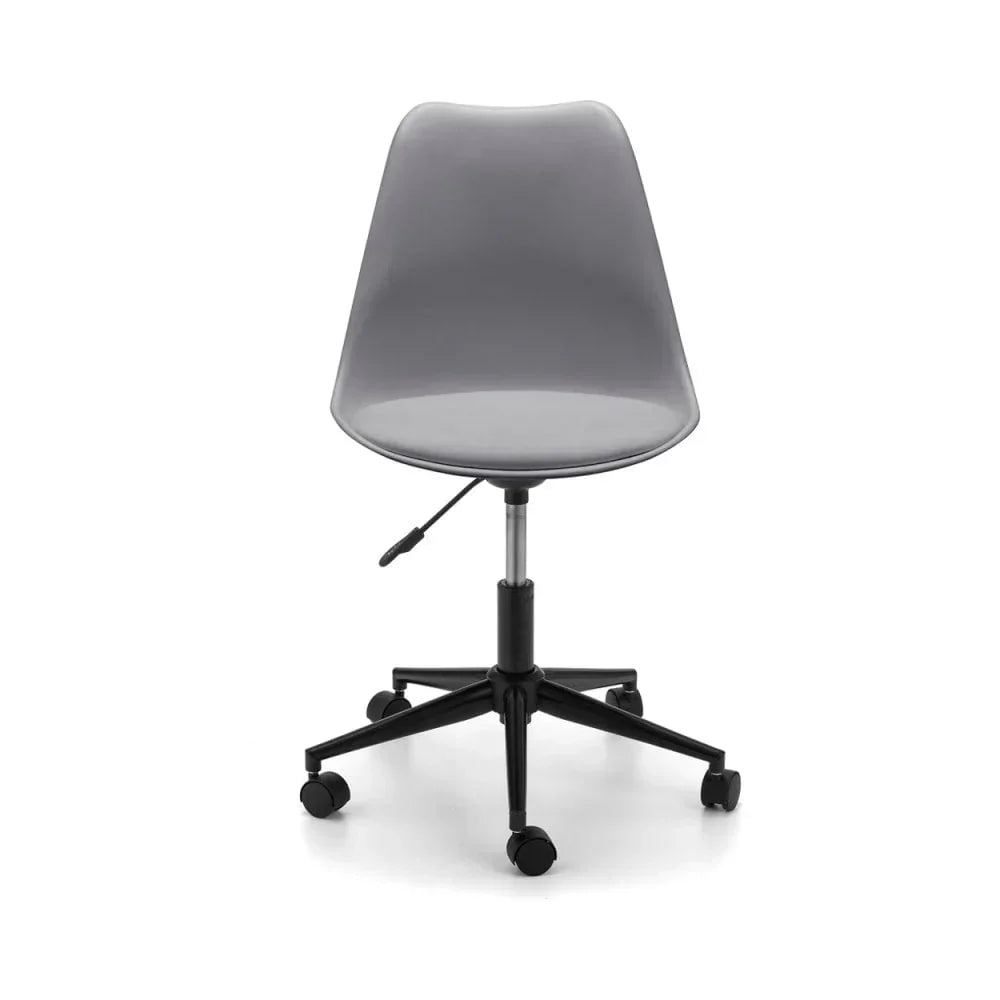 Grey swivel office chair with adjustable height and black wheeled base, front view