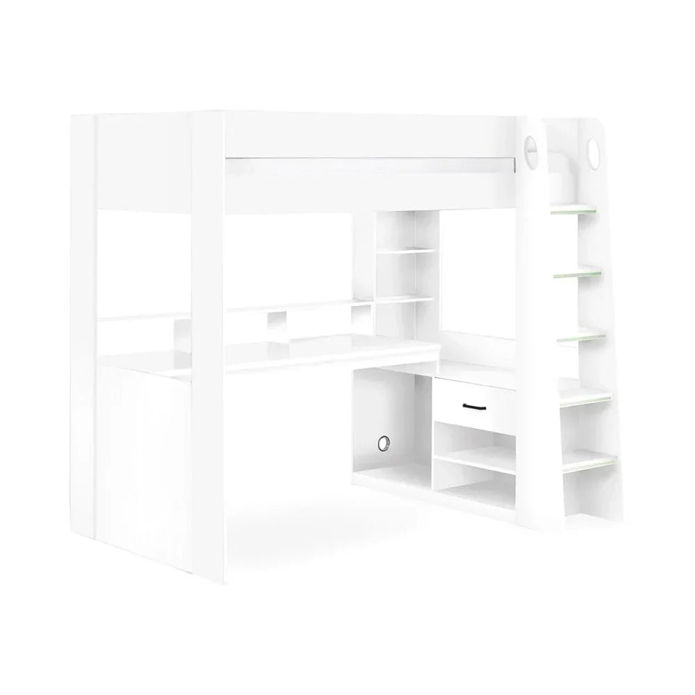White loft bed with built-in desk, shelves, drawer, and ladder for kids or teens