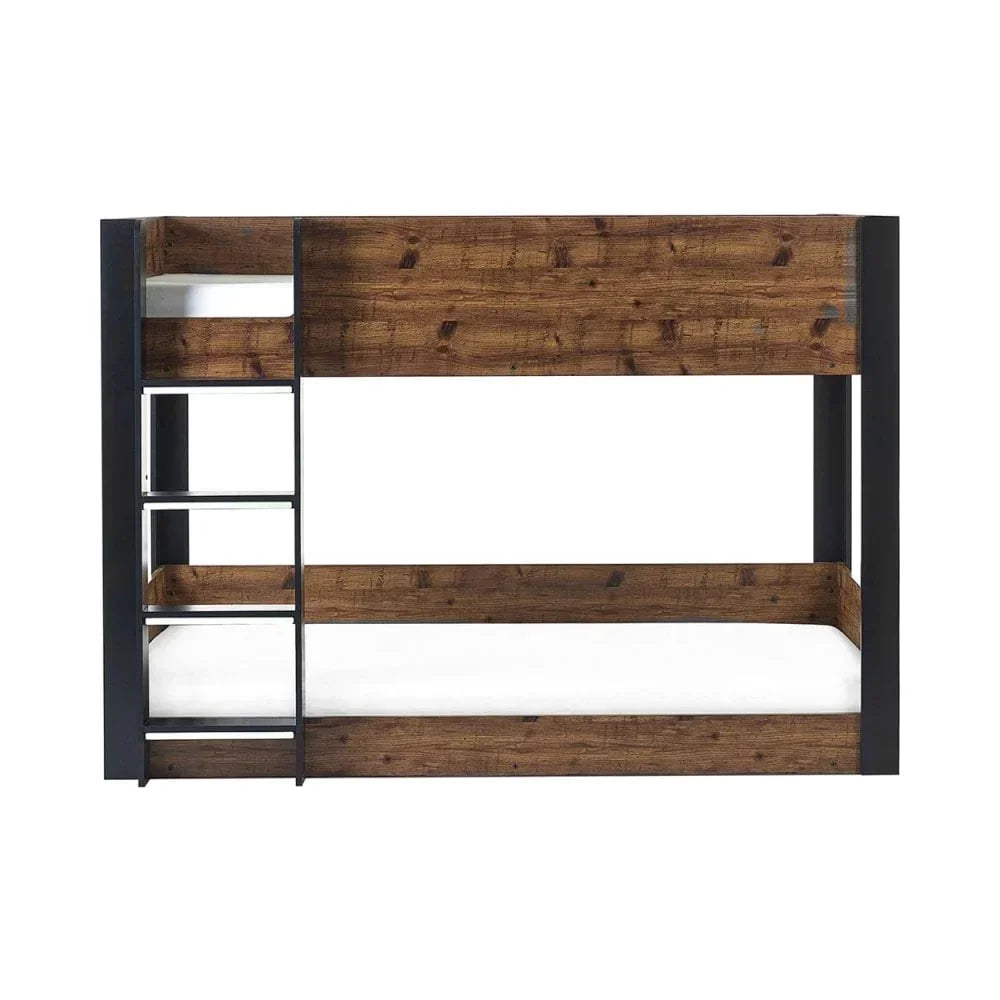 Wood and metal bunk bed with ladder and white mattresses, front view