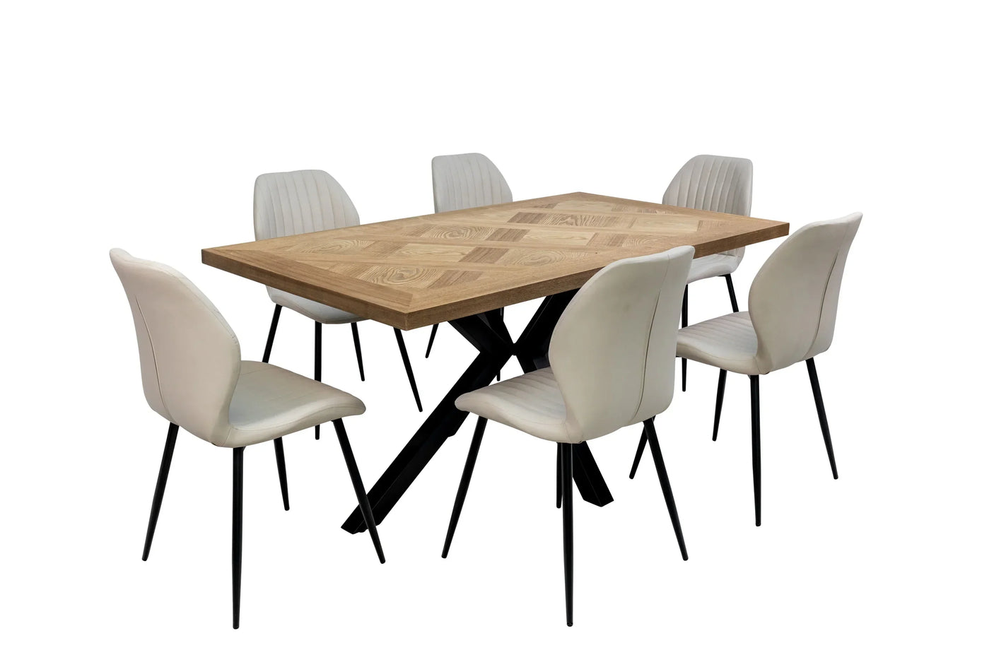 Rectangular wood dining table with six cream chairs and black metal legs