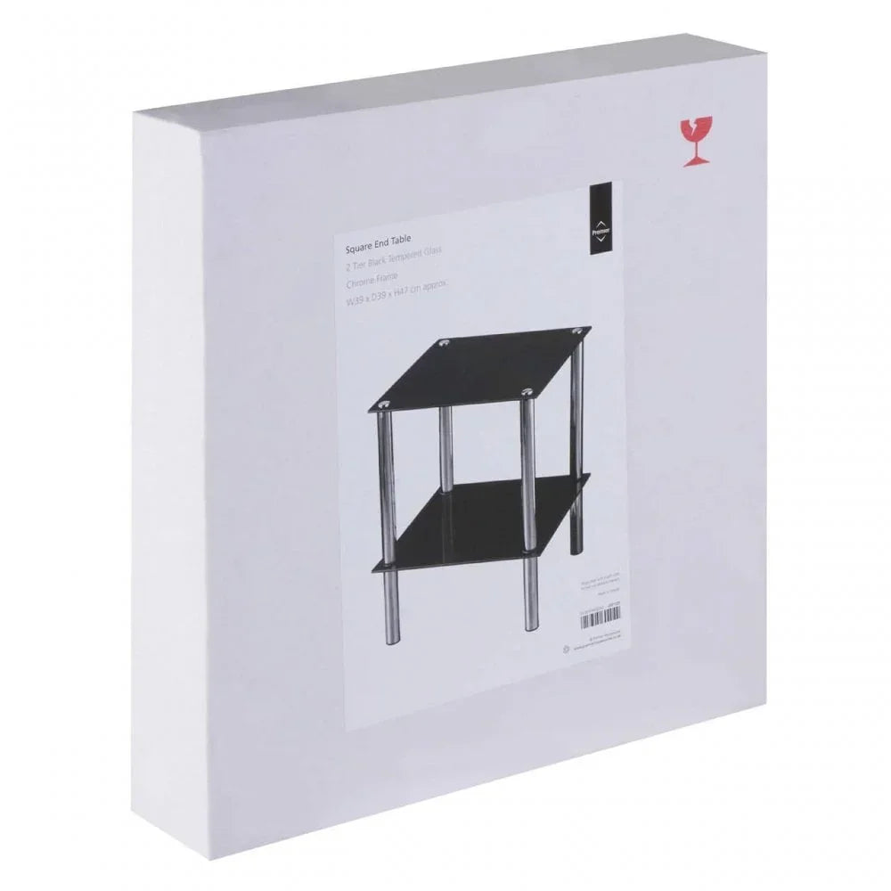 Square end table in flat pack box with black glass shelves and chrome legs shown on label