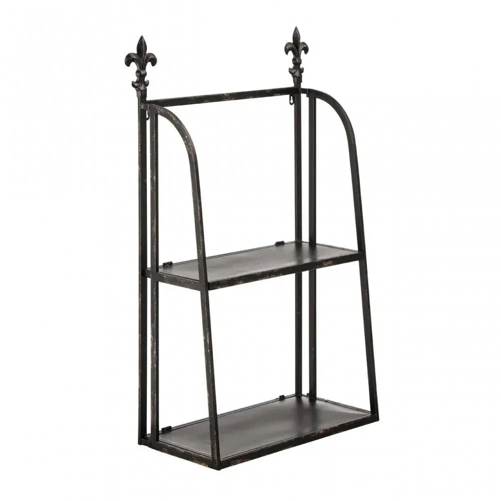 Black metal wall shelf with two tiers and fleur-de-lis finials, side angle view