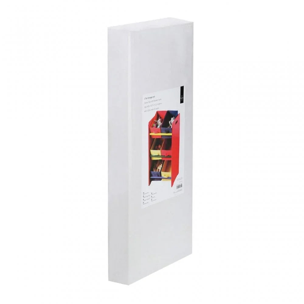 Flat-packed toy storage unit box with multicolour bins and product label visible