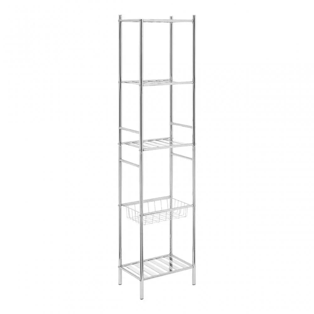 Tall chrome storage shelf unit with four open racks and metal basket for home organization