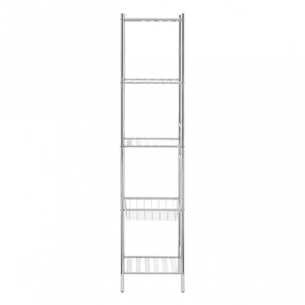 Tall chrome storage rack with four wire shelves and minimalist open frame design