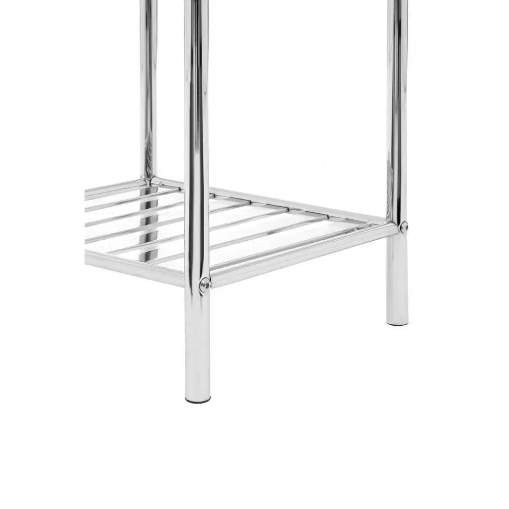 chrome metal furniture leg with lower shelf and slatted storage design