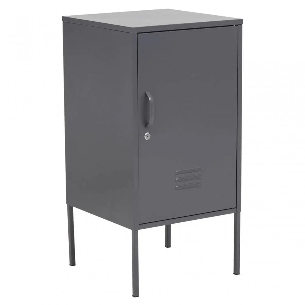 Grey metal storage cabinet with single door and handle, shown from front angle