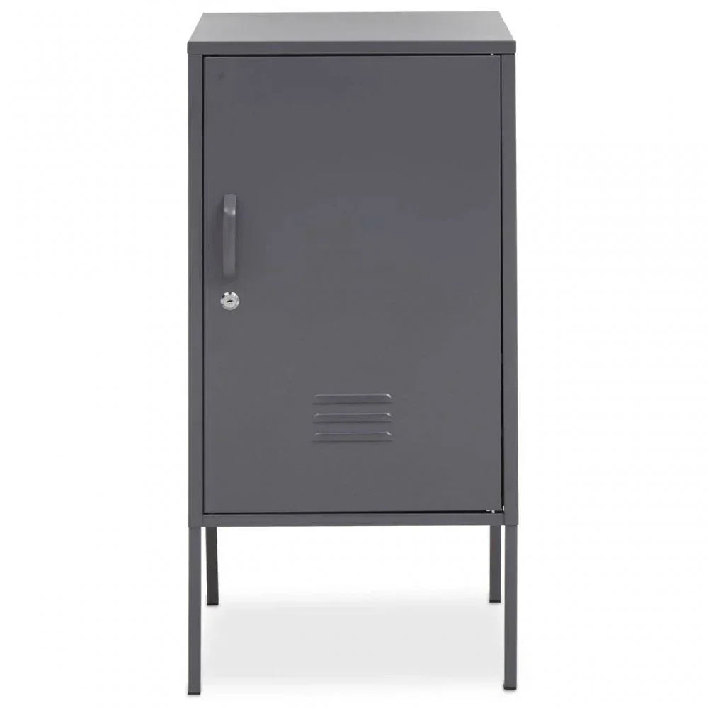 Grey metal storage cabinet with single door, vent detail, and lock, front view