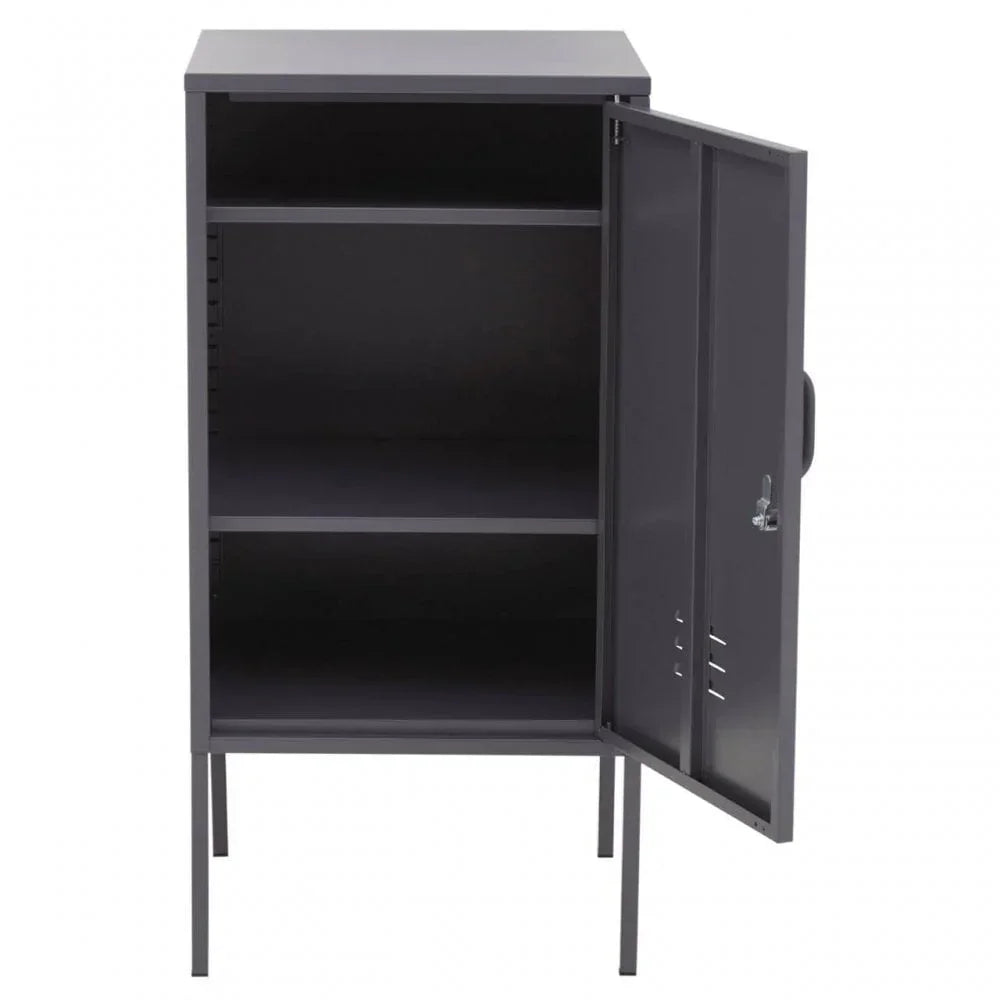 Grey metal storage cabinet with open door and two internal shelves