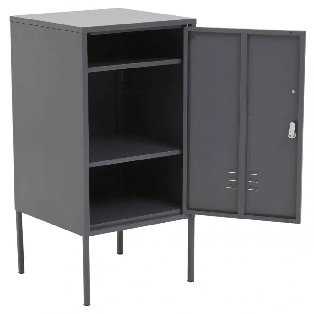 Grey metal storage cabinet with open door, lock and adjustable shelves