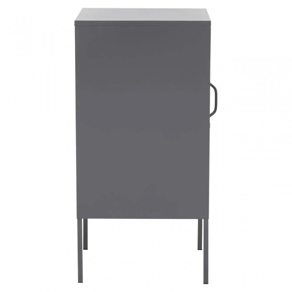 Grey metal storage cabinet with side handle and tall legs, viewed from the side angle